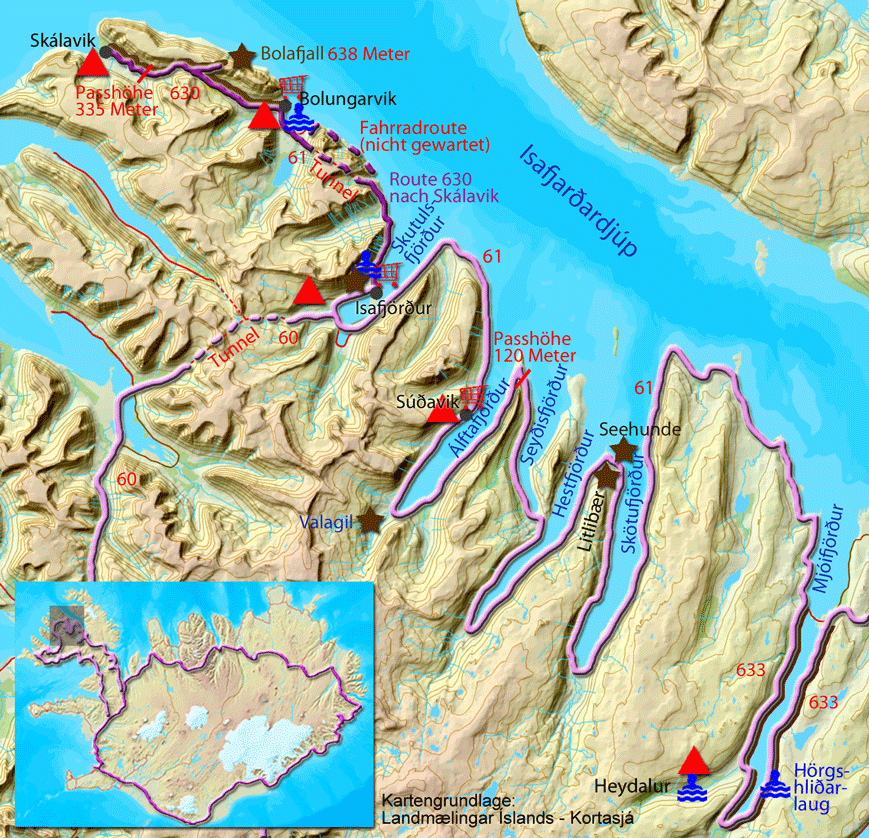 Karte zur Tour von Heydalur nach Isafjörður