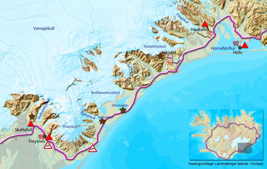 Karte zur Tour von Höfn nach Skaftafell