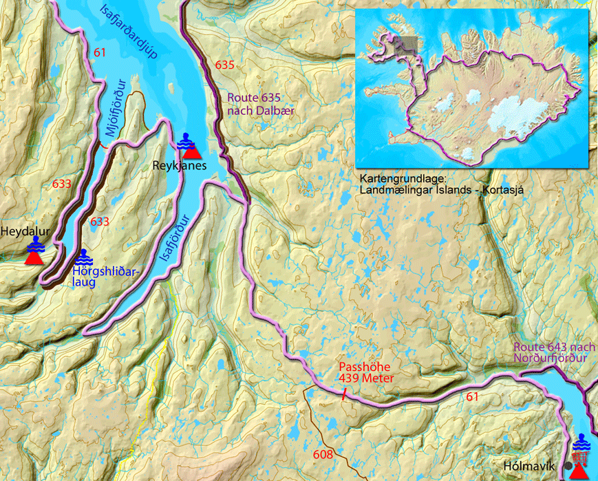 Karte zur Tour von Hólmavik nach Heydalur