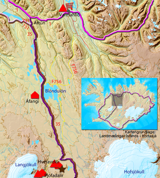 Karte zur Tour über die Straße 35 von Hveravellir zur nördlichen Ringstraße