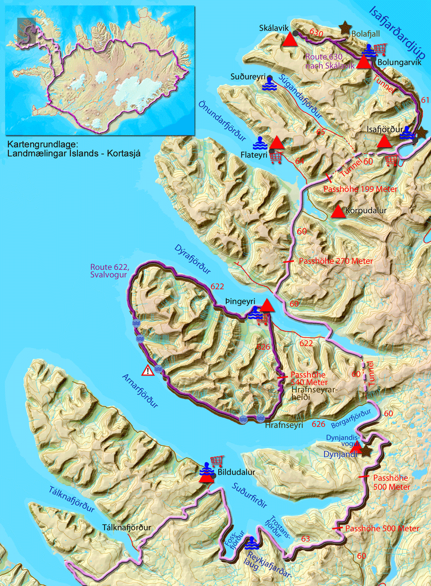 Karte zur Einbindung der Tour über den Svalvogur in die Rundfahrt um die Westjorde