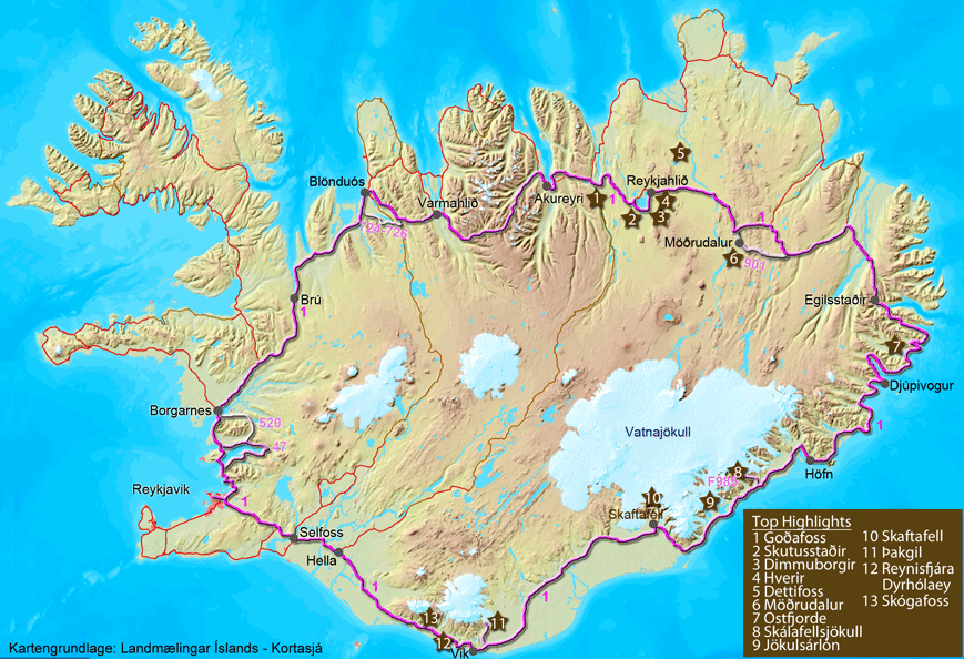 Karte zur Tour über die Ringstraße Islands