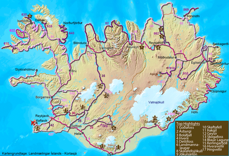 Karte zur Tour über die Ringstraße Islands