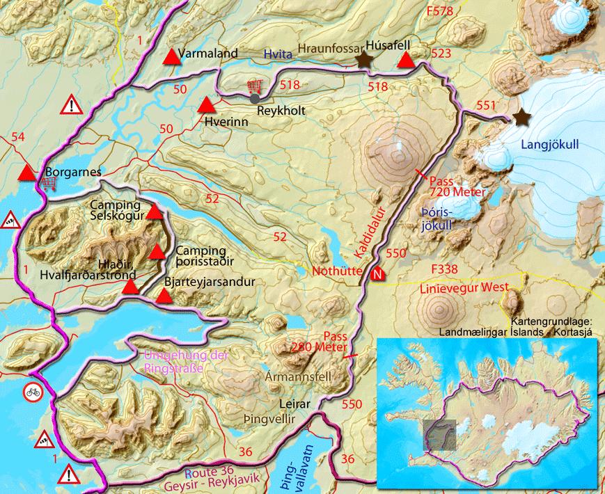 Karte zur Tour von Leirar bei Þingvellir nach Varmaland an der Ringstraße