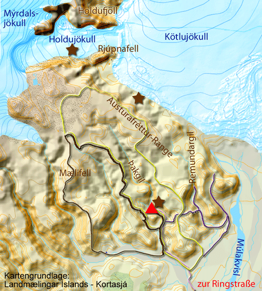 Karte zu Wanderungen um Umfeld des Þakgil