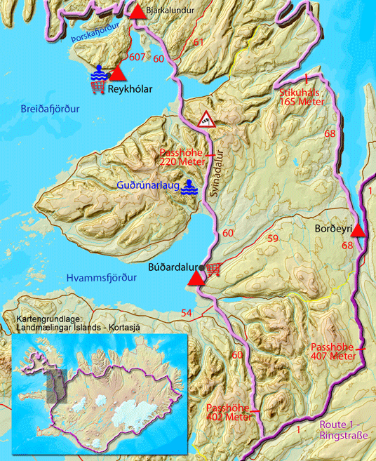 Karte zur Tour von Reykhólar nach Osten zur Ringstraße