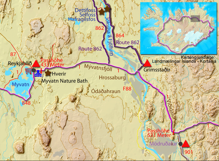 Karte zur Tour von Reykjahlið nach Möðrudalur