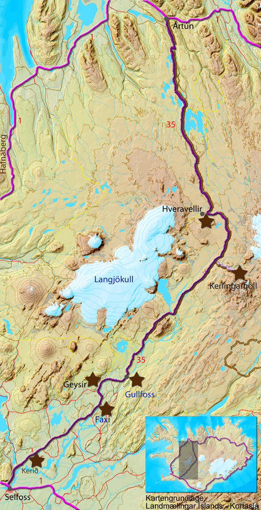 Karte zur Tour über die Straße 35 von Selfoss nach Artun