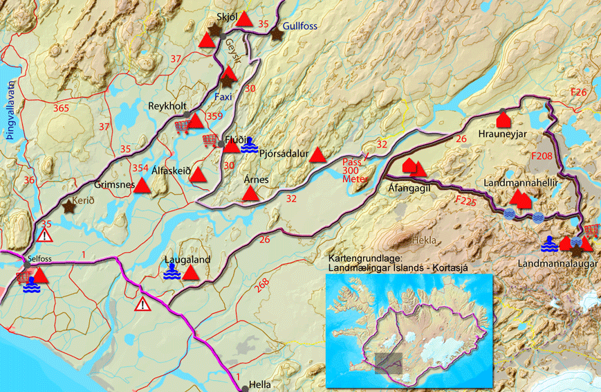 Karte zur Tour vom Geysir über die Straßen 35, 30, 32 nach Hrauneyjar an der F26