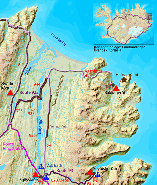 Karte zur Touren Umfeld von Egilsstaðir