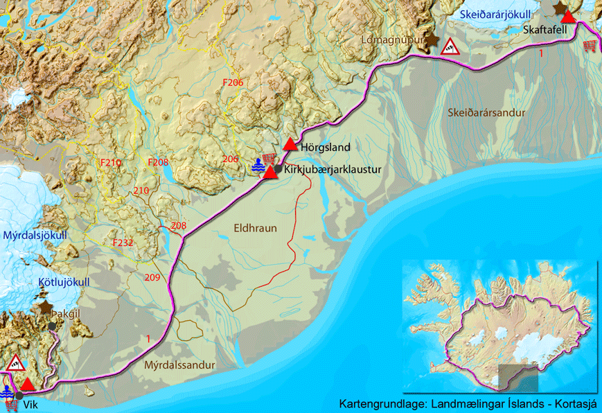 Karte zur Tour von Skaftafell nach Vik