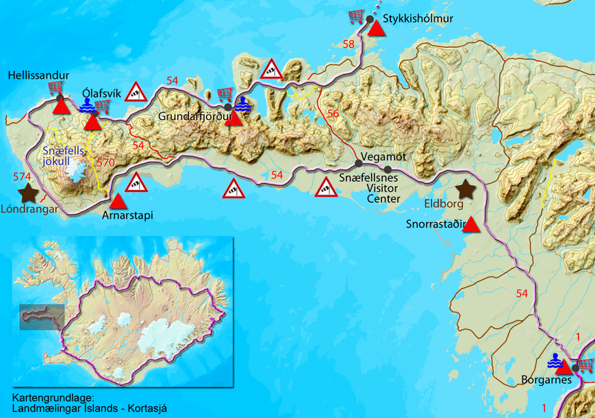 Karte zur Tour von Borgarnes über die Halbinsel Snæfellsnes nach Stykkishólmur