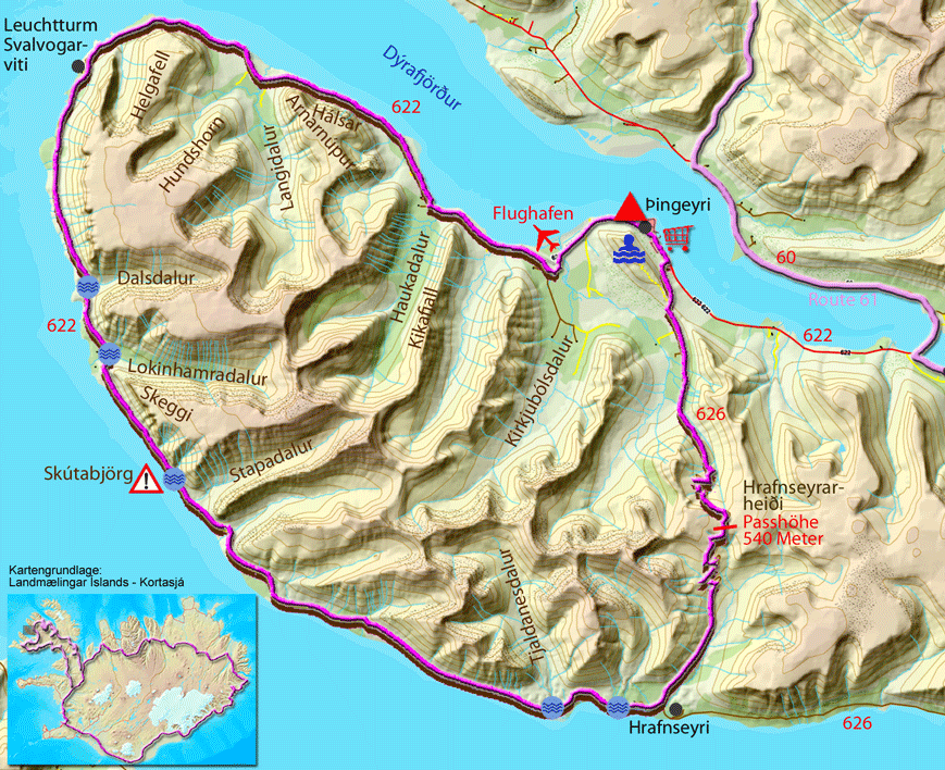 Karte zur Tour über die 622 (Svalvogur)
