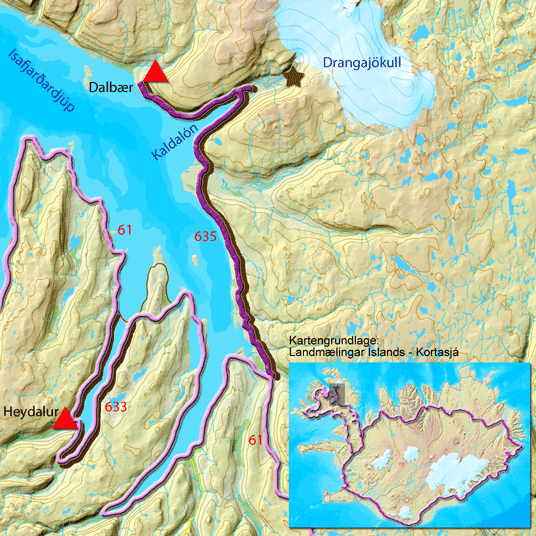 Karte zur Tour über die Straße 635 nach Dalbær