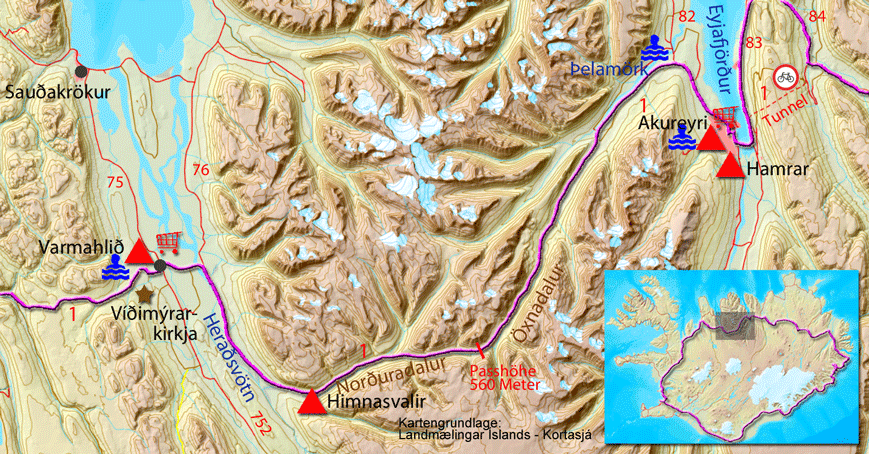 Karte zur Tour von Varmahlið nach Akureyri