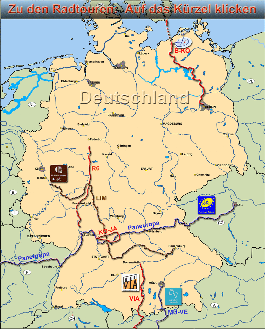 Übersichtskarte mit Radtouren in Deutschland