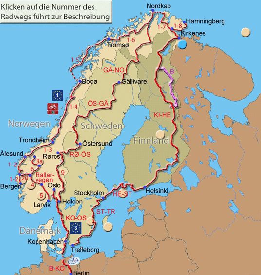 Übersichtskarte Radtouren Skandinavien