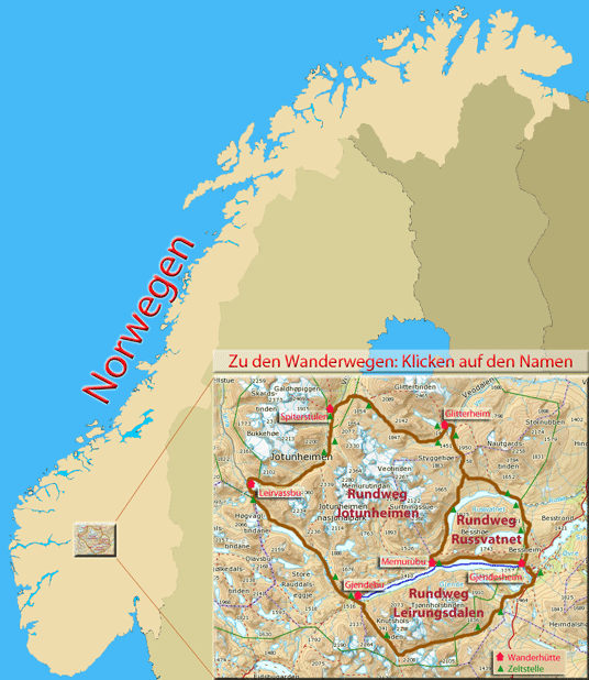 Übersichtskarte mit Wanderungen in Norwegen