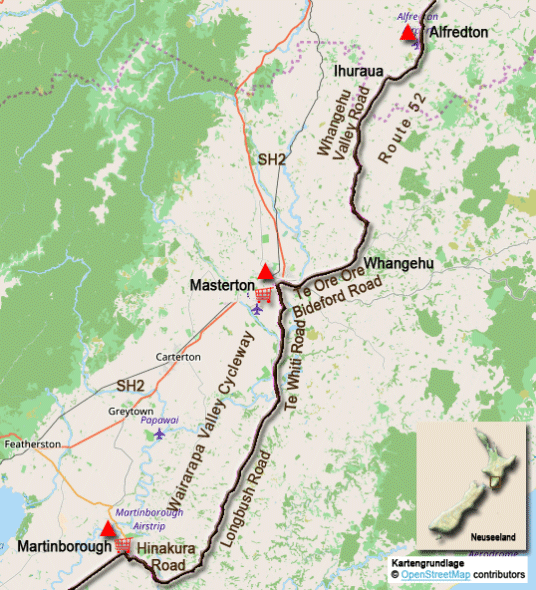 Karte zur Radtour von Alfredton nach Martinborough