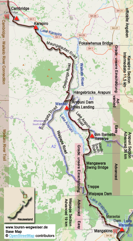 Karte zur Radtour von Cambridge nach Mangakino