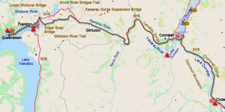 Karte zur Radtour von Clyde nach Queenstown