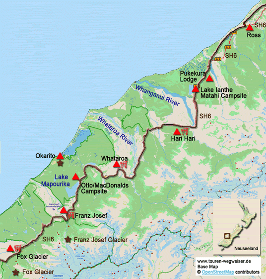 Karte zur Radtour von Fox Glacier nach Ross