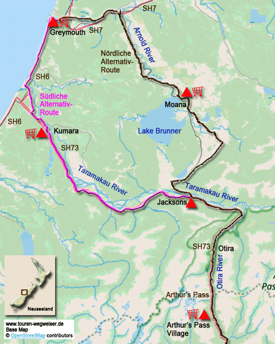 Karte zur Radtour von Greymouth zum Arthur's Pass Village