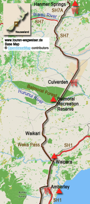 Karte zur Radtour von Hanmer Springs nach Rangiora