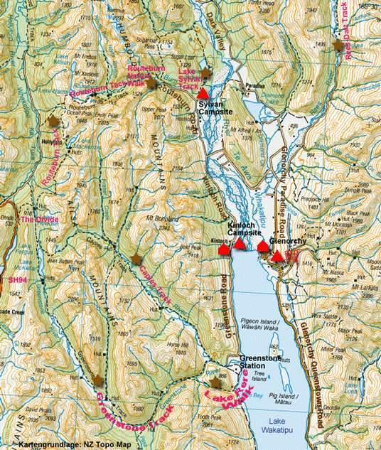 Karte zu Ausflügen im Umfeld von Kinloch und Glenorchy
