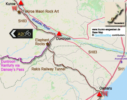 Karte zur Radtour von Kurow nach Oamaru