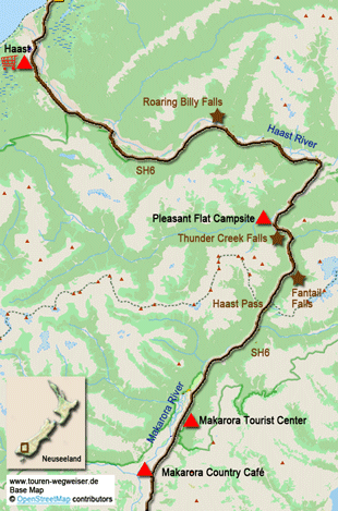 Karte zur Radtour von Makarora nach Haast