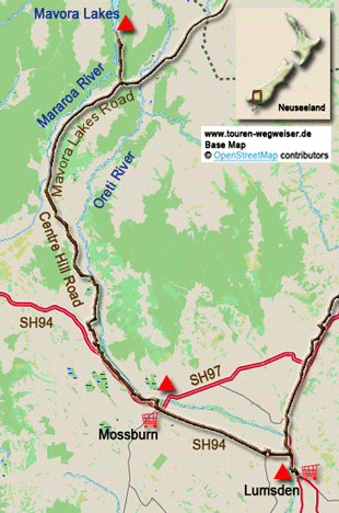 Karte zur Radtour von den Mavora Lakes nach Lumsden