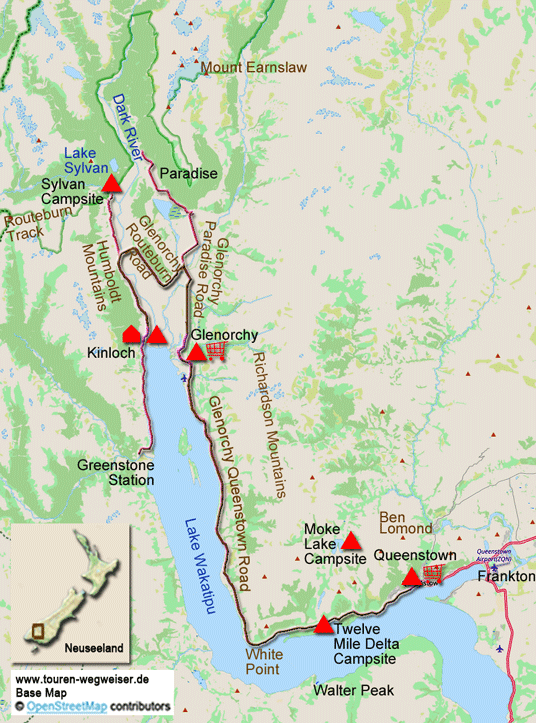 Karte zur Radtour von Queenstown nach Kinloch und zurück