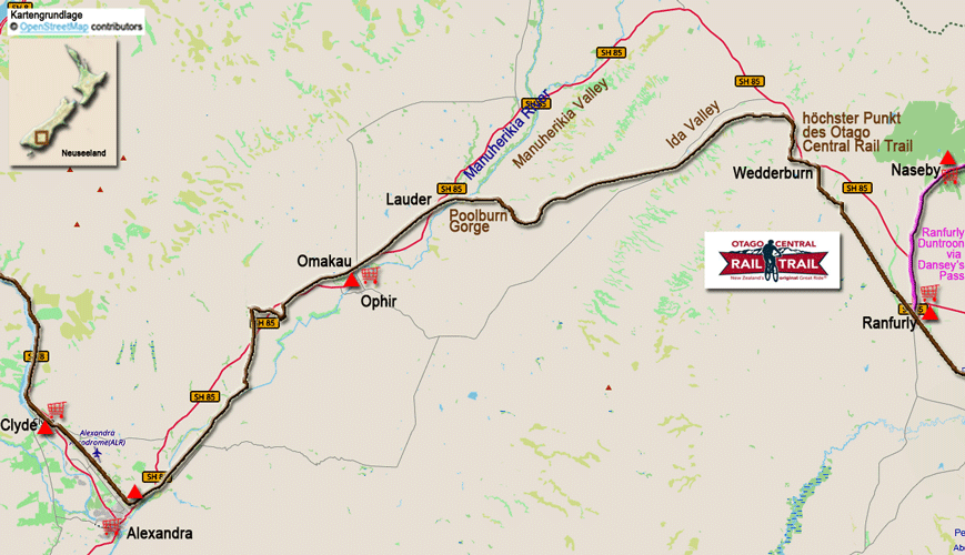 Karte zur Radtour von Ranfurly nach Clyde