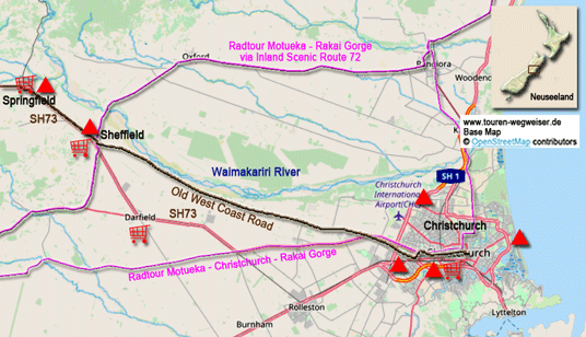 Karte zur Radtour von Springfield nach Christchurch