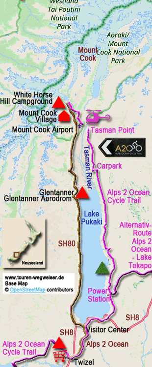 Karte zur Radtour von Twizel zum Mount Cook Village