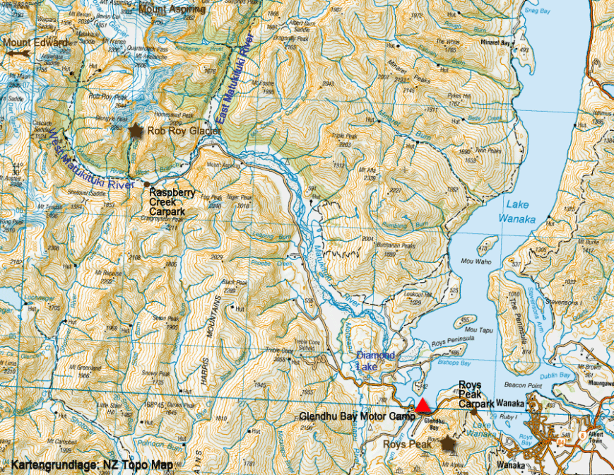Karte zum Ausflug von Wanaka zum Roys Peak und Rob Roy Glacier