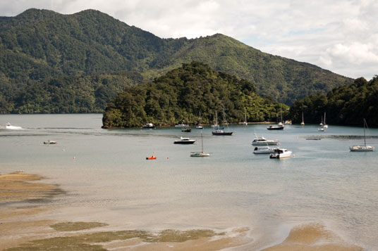 Blick vom Queen Charlotte Drive auf die Ngatuka Bay am Grove Arm