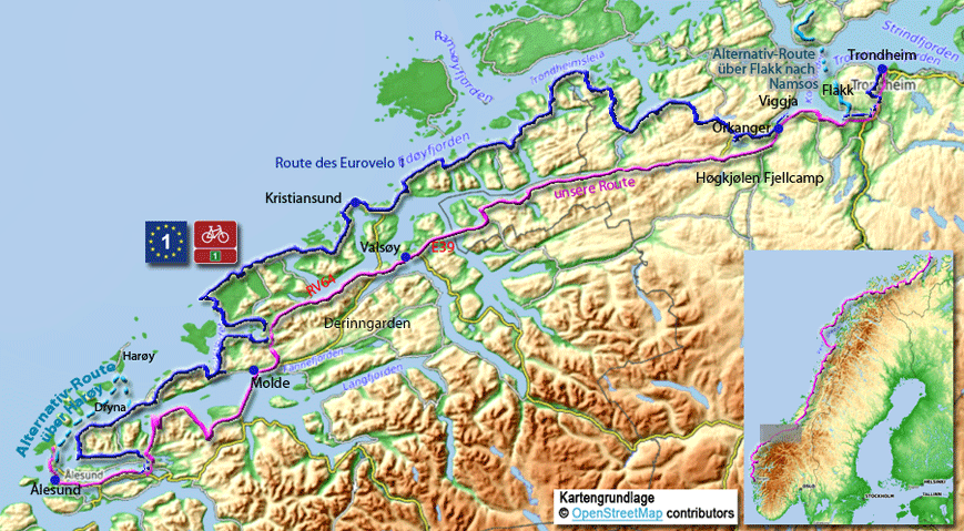 Karte zur Radtour von Ålesund nach Trondheim