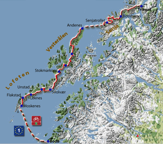 Radtour durch Norwegen von Bodø nach Tromsø. Küstenradweg, Eurovelo 1