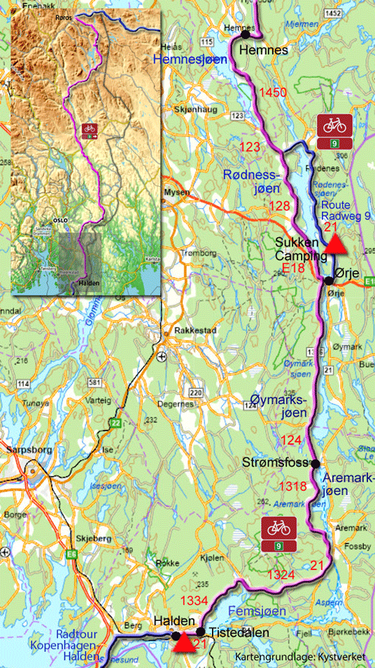 Karte zum Radweg von Halden nach Hemnes