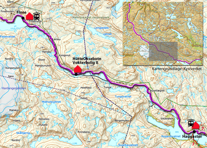 Karte zur Radtour von Haugastøl nach Finse