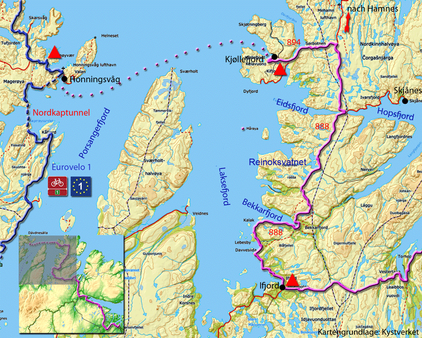 Karte zur Radtour von Honningsvåg nach Ifjord