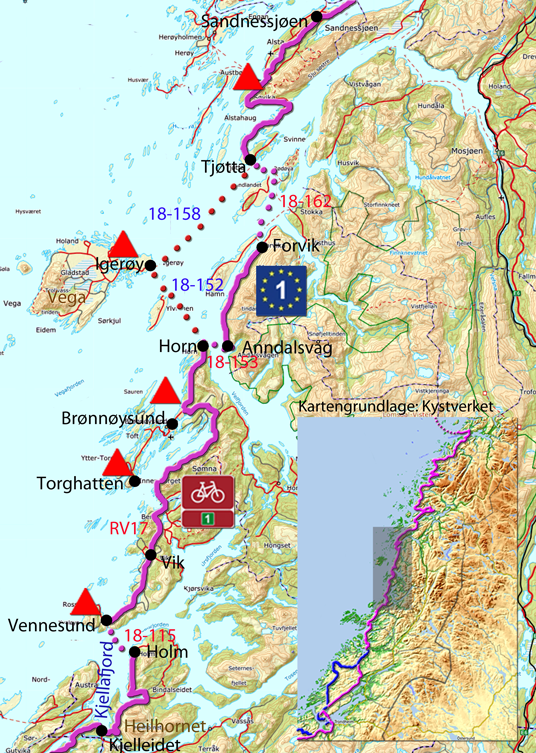 Karte zur Radtour von Kjelleidet nach Sandnessjøen