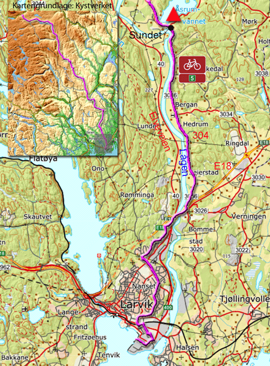 Karte zur Radtour von Larvik nach Sundet