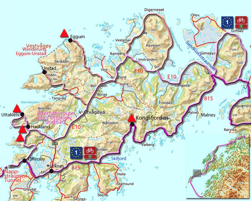 Bild: Karte mit den Alternativrouten von Leknes zum Sundklakkstraumen