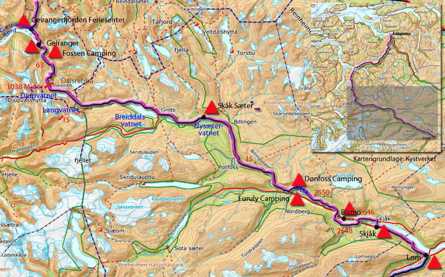 Karte zur Radtour von Lom nach Geiranger