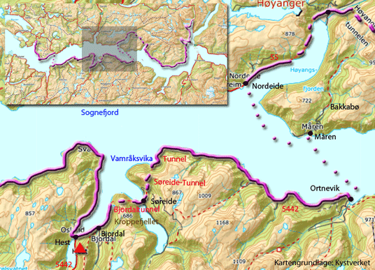 Karte zur Radtour von Nordeide nach Bjordal und Hest