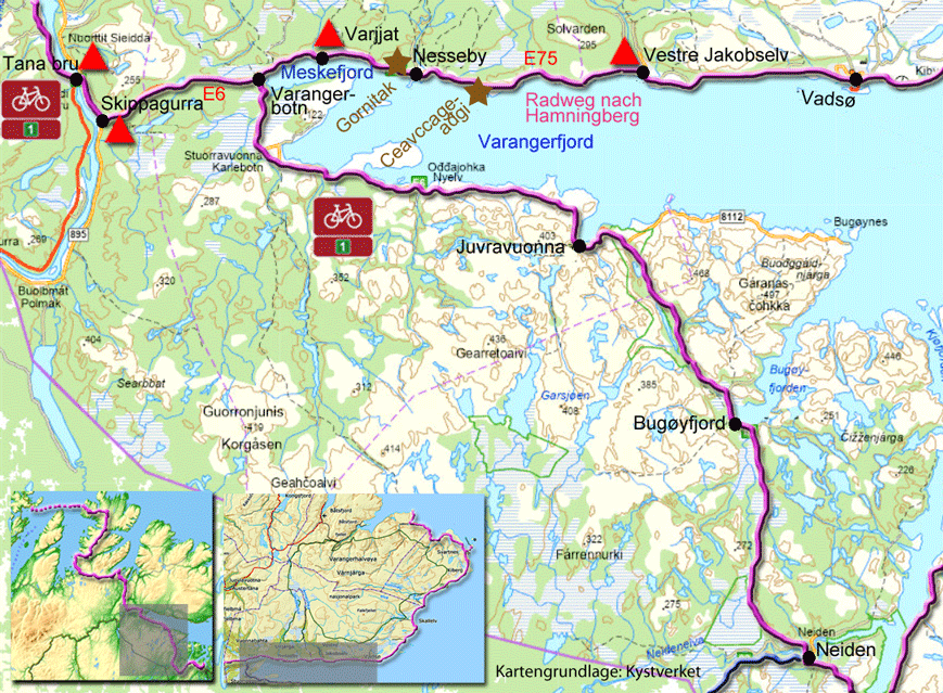 Karte zur Radtour von Tana bru nach Neiden, Norwegen