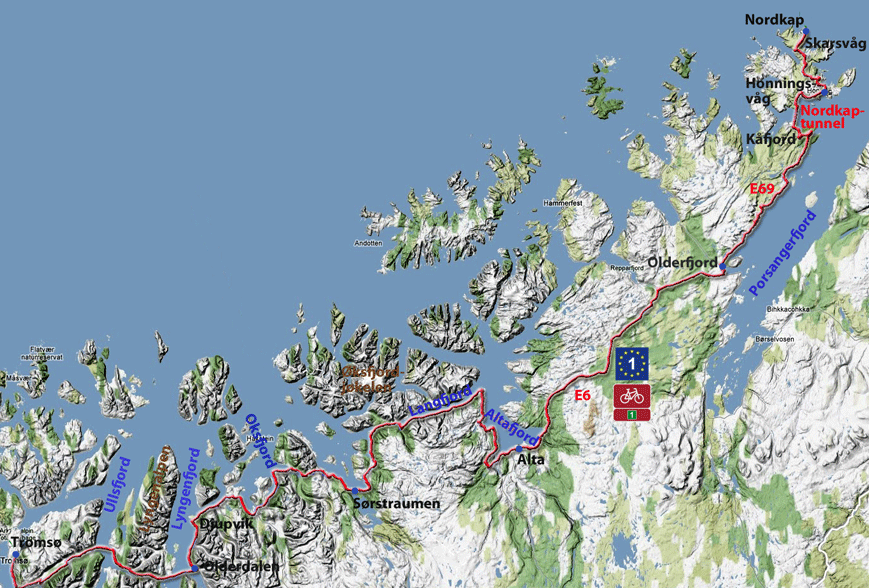 Radtour Norwegen von Tromsø zum Nordkap entlang der Küste. Eurovelo 1